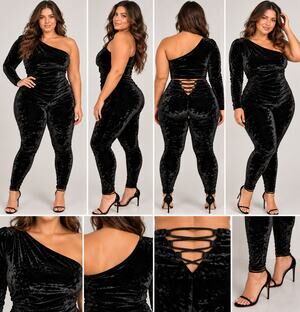 Yitty 3X Black Crushed Velvet Two Piece Set One Shoulder Y2K Glam NWT
